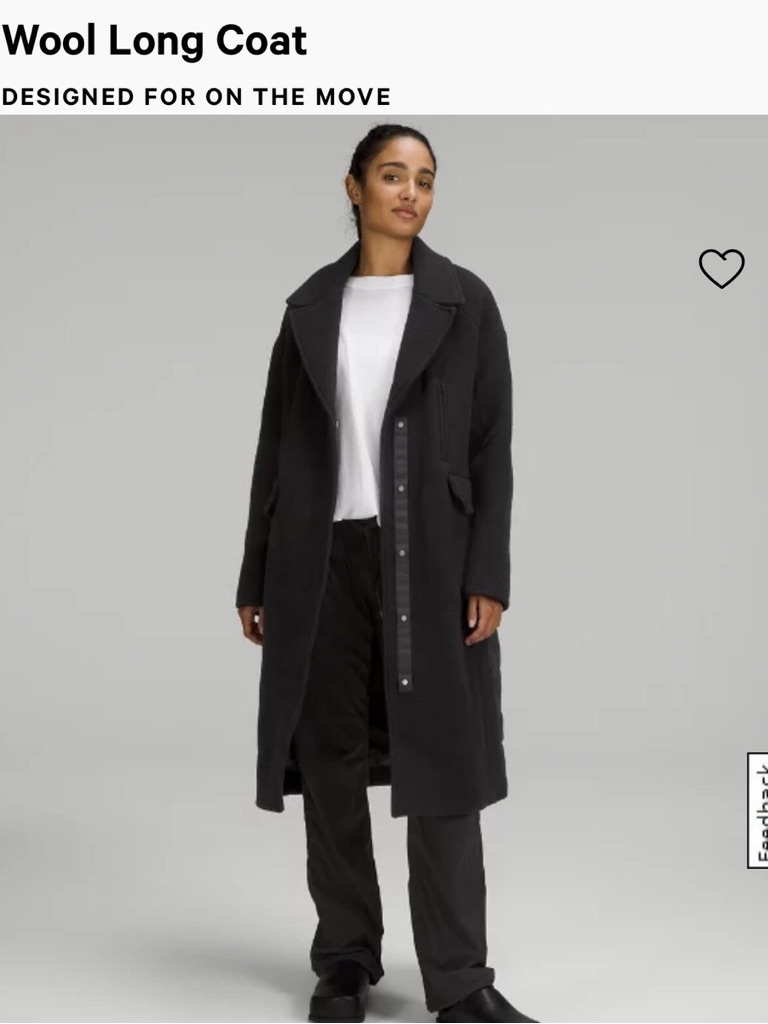 Lululemon Athletica Black Wool Long Trench Coat